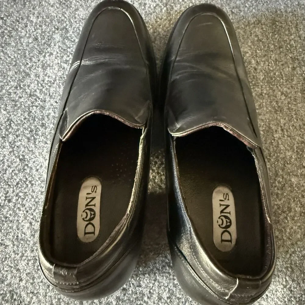 DON'S Black Leather Men's Slip-On Dress Loafers Round Toe Rubber Sole Size 10
